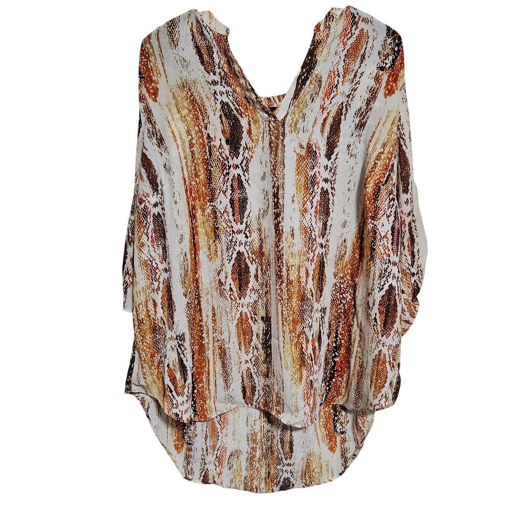 Worthington Snake Print Blouse Womens Plus Size 1X Brown White Top High Low Hem